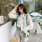 Bow Accent Shirt / Fringed Trim Knit Vest