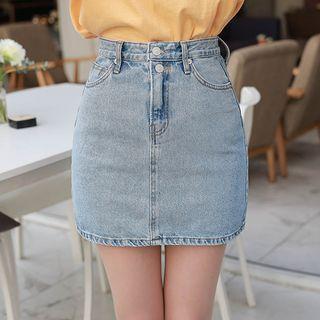 Double-button Washed Denim Miniskirt
