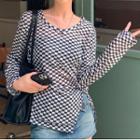 Long-sleeve Checkerboard Side-slit T-shirt Plaid - Black & White - One Size