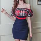 Mock Two-piece Short-sleeve Off Shoulder Bodycon Dress