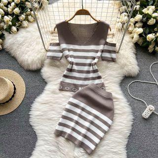 Set: Short-sleeve Cold-shoulder Striped Knit Top + Mini Pencil Skirt