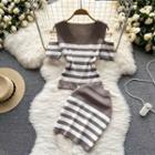 Set: Short-sleeve Cold-shoulder Striped Knit Top + Mini Pencil Skirt