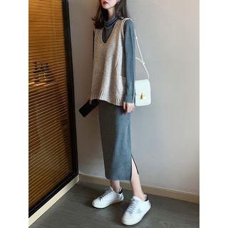 Cowl-neck Plain Midi Dress / Knit Vest