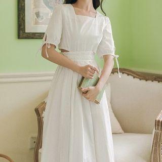 Cut-out Elbow-sleeve Midi A-line Dress