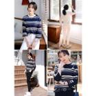 Crew-neck 3/4-sleeve Striped T-shirt