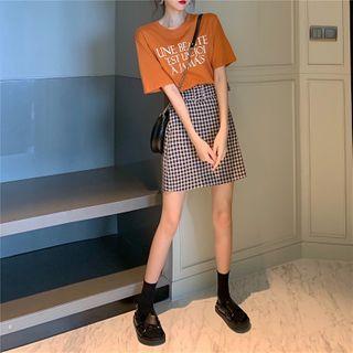Lettering Loose T-shirt / High-waist Checker A-line Skirt With Belt