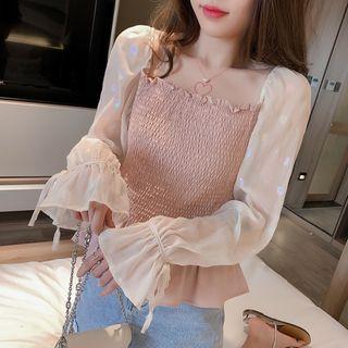 Square-neck Bell-sleeve Peplum Blouse