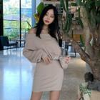 Set: Off-shoulder Drawstring-hem Pullover + Bodycon Minidress