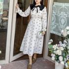 Long-sleeve Bow Print Tie-front Midi A-line Dress