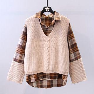 Set: Plaid Shirt + V-neck Sweater Vest