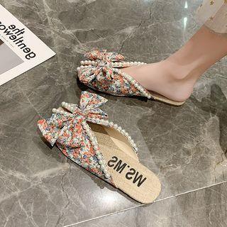 Floral Bow Faux Pearl Flat Mules