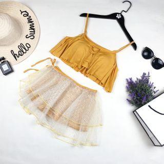 Set: Plain Tankini Top + Swim Shorts + Lace Cover Up