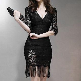 Elbow-sleeve Sheath Lace Fringe Dress