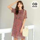 Plus Size Frill-trim Floral Midi Chiffon Dress