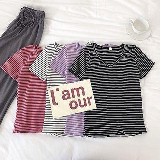 Color-block Striped V-neck Short-sleeve Top