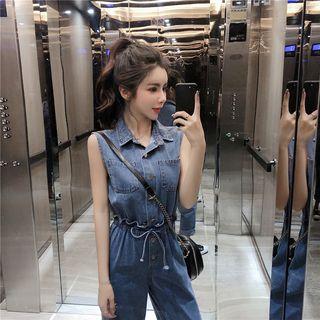 Sleeveless Roll Up Drawstring Waist Denim Jumper Pants