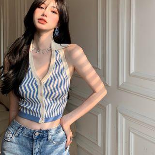 Halter-neck Knit Cropped Polo Shirt Blue & Beige - One Size