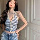 Halter-neck Knit Cropped Polo Shirt Blue & Beige - One Size
