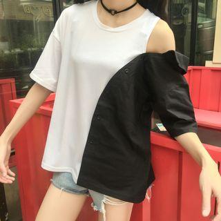 Two-tone Cold-shoulder Elbow-sleeve Top