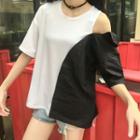 Two-tone Cold-shoulder Elbow-sleeve Top