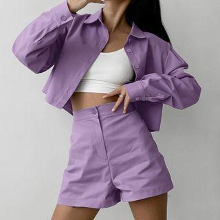 Set: Plain Crop Shirt + High Waist Shorts