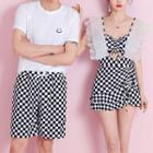 Couple Matching Checkerboard Ruffle Trim Swim Dress / Short-sleeve T-shirt / Shorts
