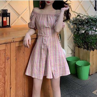 Puff-sleeve Plaid A-line Mini Dress Plaid - Pink - One Size