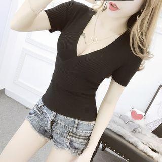 Short-sleeve Deep V-neck Knit Top