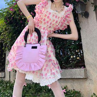 Sleeveless Square-neck Lace Trim Strawberry Print Dress