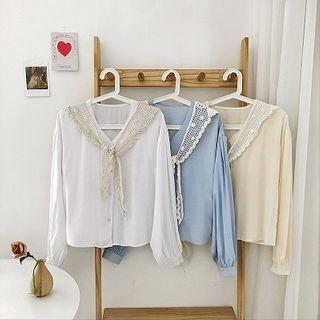 V-neck Single-breasted Long-sleeve Blouse
