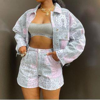 Set: Long Sleeve Pattern-print Crop Jacket + High-waist Shorts