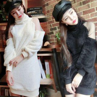 Mesh Panel Furry Long-sleeve Tunic