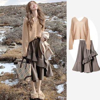 V-neck Sweater / Frill Trim Midi A-line Skirt / Set