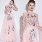Embroidered Elbow-sleeve Mandarin Collar A-line Evening Gown