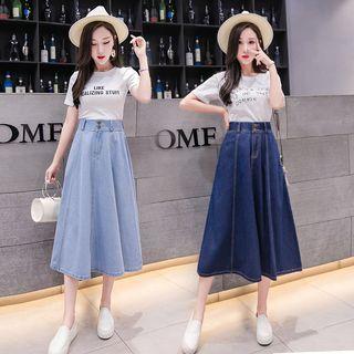 Washed Midi A-line Denim Skirt
