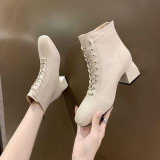 Plain Block Heel Lace-up Short Boots