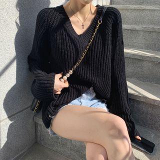 V-neck Dip-back Ribbed Knit Top
