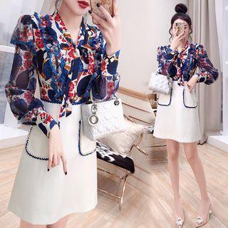 Set: Flower Print Blouse + Contrast Trim Mini A-line Skirt