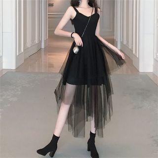 Wide Strap Mesh Panel Midi A-line Dress