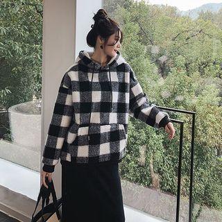 Long-sleeve Faux Fur Plaid Hoodie