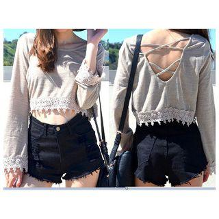 Lace Trim Long-sleeve Cropped Top