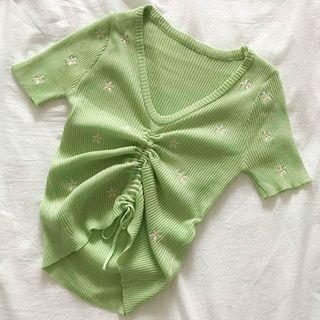 Embroidered Drawstring Short Sleeve Top