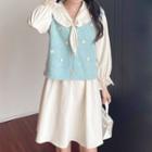 Set: Long-sleeve Collared Frill Trim A-line Dress + Button-up Sweater Vest