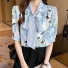 Short-sleeve Bow Panel Printed Chiffon Blouse