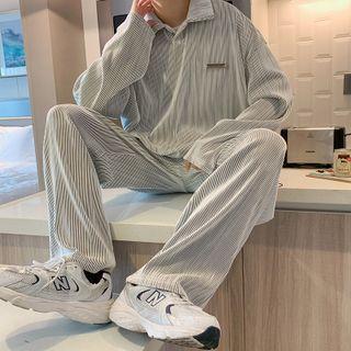 Set: Long-sleeve Striped Polo Shirt + Wide Leg Pants