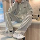 Set: Long-sleeve Striped Polo Shirt + Wide Leg Pants