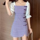 Balloon-sleeve Plaid Frog Buttoned Midi A-line Dress