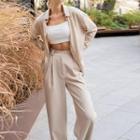 Set: Plain Long-sleeve Light Jacket + Wide Leg Pants