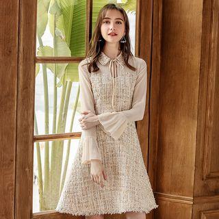 Long-sleeve Mesh Panel Tweed Mini A-line Dress