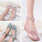 Embroidered Mesh Frog-button Ankle Strap Block Heel Pumps